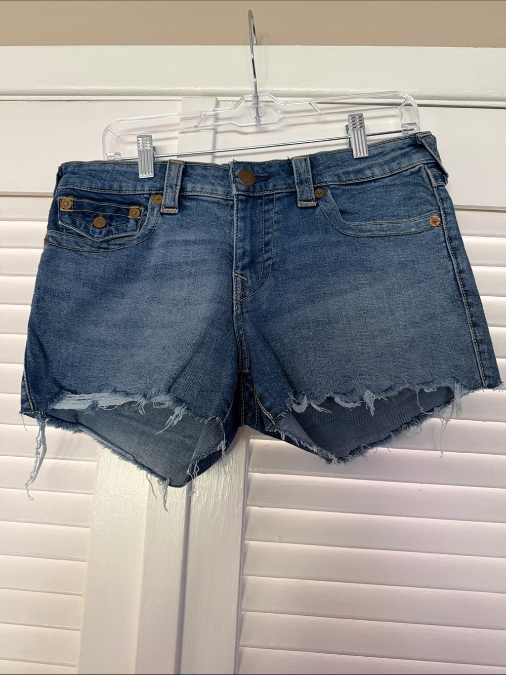True Religion Raw Hem Medium Blue Denim Shorts